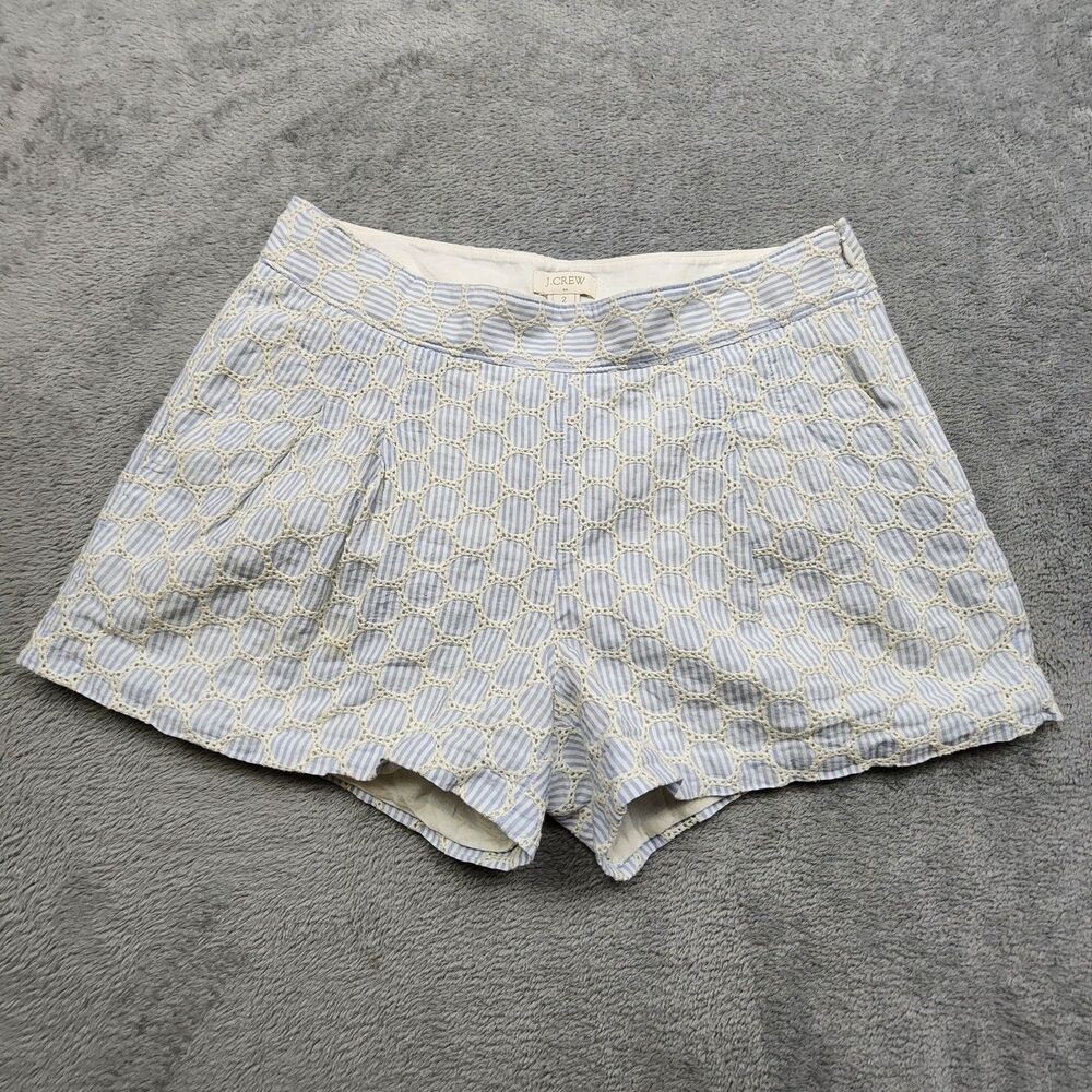 J Crew Womens 2 Blue Embroidered Shorts 3 Inseam Side Zip 100% Cotton Pockets